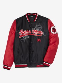 a black and red jacket with spider man on the front, in white lettering that says spider man