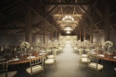 a large dining hall with tables and chairs set up for an event or wedding reception