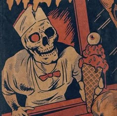 an old comic book cover with a skeleton eating waffles and ice cream cone