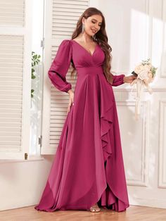 V-neck Chiffon Dress With Ruffles For Prom, V-neck Ruffled Chiffon Prom Dress, Long Sleeve Chiffon Dress For Wedding, Long Sleeve Wedding Dress With Ruffle Hem, Elegant Chiffon Dress With Ruffle Hem And V-neck, Elegant Chiffon Dress With V-neck And Ruffle Hem, V-neck Ruffled Maxi Dress For Bridesmaid, Long Sleeve Chiffon Dress With Ruffles, Elegant Long Sleeve Chiffon Dress