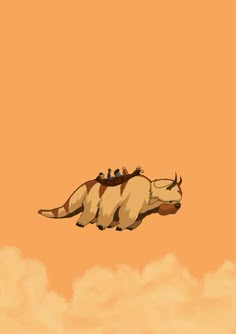 an animal flying through the sky with clouds