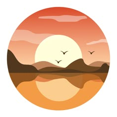 a sunset with birds flying in the sky over water and mountains on either side of it