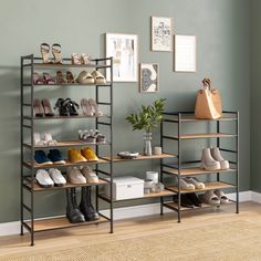 there is a shoe rack with many pairs of shoes on it and a purse next to it