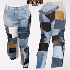 "one of a kind 1:1 by Tommie Gene apparel  Patchwork straight leg denim jeans  white accents on the front, Black accents on the back. Woman's size 5 Classic 10\" high rise jeans  Blue wash/stretch denim  patchwork  giving cool girl vibes, Punk rock. made from 100% recycled material ♻️" Patchwork Denim Jeans, Denim Patchwork, Jeans White, Straight Leg Denim, Womens Jeans, White Accents, Black Accents, High Rise Jeans, Yin Yang