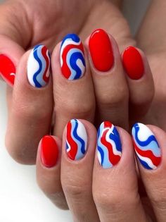 red, withe, and blue swirly nails Fourth Of July Nails 2024, 4th Of July Nails 2024, July 4th Nails, American Flag Nails, 4th Nails, Patriotic Nails Design, Firework Nails, Flag Nails, Patriotic Nails