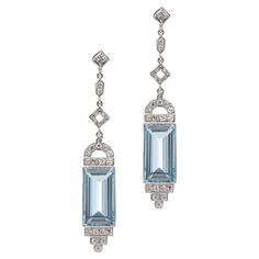 Art Deco 850. Platinum pair of A dangle earrings with Aquamarines and Diamonds. Made in Europe, Ca. 1930's X-Ray tested positive for 850. Platinum. * Please note: customs and import charges may apply for international buyers, bidders are responsible for any customs duties fees. Dimensions - Length x width x depth: 5.5 x 1 x 0.7 cm Weight: 9.00 grams Aquamarines - Quantity: 2 Cut: Elongated Step - cut Approx. Carat weight: 2 x 11.00 carats Total carat weight: 22.00 carats in total Diamonds - Cut: 1930s Earrings, Art Deco Star, Gold Art Deco Earrings, Bijoux Art Deco, Zircon Earrings, Aquamarine Earrings, Step Cut, Authentic Jewelry, Art Deco Earrings