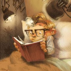 a drawing of a man reading a book with lights on his head and eye glasses