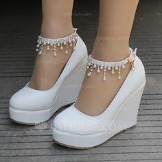 Women's Leatherette Wedge Heel Closed Toe Platform Pumps Wedges MaryJane With Buckle Imitation Pearl Rhinestone Chain Shoe Hacks, Shoes Hack