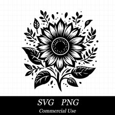 the svg flower is shown in black and white, with leaves around it's center