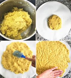 four pictures showing how to make mashed potatoes in a skillet and then adding them to the batter