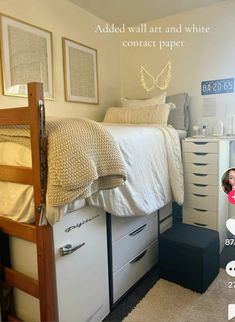 there is a bed and dresser in this room with the words added wall art and white contact paper