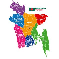 the detailed map of bangladesh with all states and their respective cities, which are highlighted in bright colors