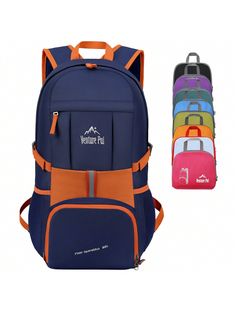 two backpacks with different colors and designs on the front, one has an orange strap