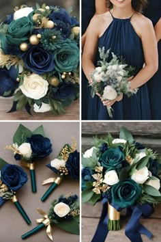 wedding bouquets with blue flowers and greenery are arranged in four different pictures, including the bride's bouquet