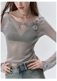 Shimmering Sheer Knit Floral Blouse - CHINASQUAD Chic Gray Knit Top For Spring, Elegant Gray Tops For Layering, Gray Long Sleeve Knit Top For Spring, Spring Stretch Knit Long Sleeve Top, Fitted Fine Knit Gray Tops, Fitted Gray Fine Knit Tops, Winter Stretch Mesh Top, Elegant Gray Winter Top, Elegant Gray Winter Tops