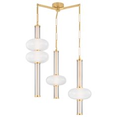 three light chandelier with clear glass shades and gold trimmings, hanging from the ceiling