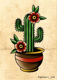 a drawing of a cactus in a pot with flowers on it's back side