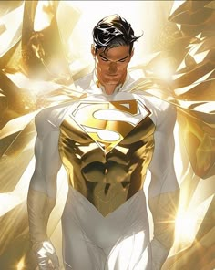 a man in a white and gold superman suit with his hands on his hips, looking to the side