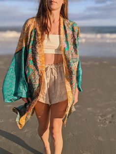 Short Kerala Kimono - Print Mix | Post Surf Collective Traditional Boho Print Kimono For Beach, Traditional Beach Kimono With Boho Print, Traditional Summer Kimono With Block Print, Beach Fitted Printed Kimono, Traditional Printed Kimono For Beach, Kimono Print, Vintage Saree, Saree Silk, Golden Days