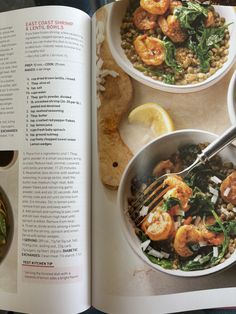 an open book with two bowls of food