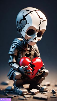 a skeleton holding a heart sitting on the ground