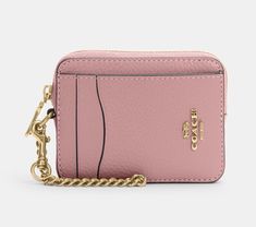 NWT Coach card case With Chain Color: true pink Refined pebble leather Two credit card slots ID window Open pockets Zip compartment Chain wrist strap with dogleash clip attached 3" (L) x 4 1/4" (H) x 3/4" (W) 100% Authentic Style No. 6303 Leather Card Case, Signature Canvas, Pink Petals, Zip Wallet, Coach Purses, Leather Chain, Heart Print, Wrist Strap, Card Case