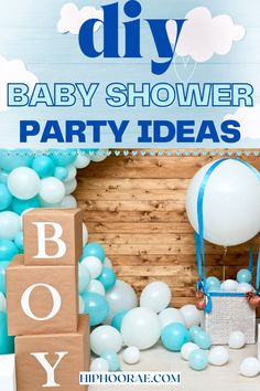 a baby shower party with balloons and blocks