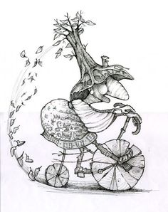 a drawing of a giraffe riding a bike with an umbrella on the back