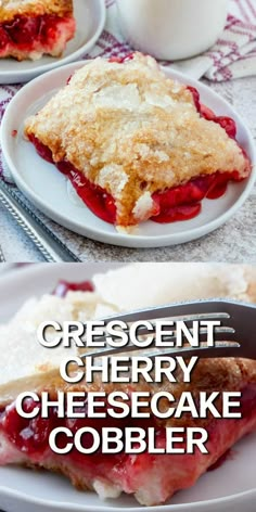 dessert cherry cheesecake cobbler on a white plate