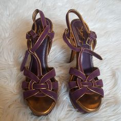 Purple And Gold Tribute Ysl Sandals. Absolutely Beautiful. Designer Purple Open Toe Heels, Designer Purple Open Heel Sandals, Luxury Purple Round Toe Sandals, Luxury Purple Sandals With Round Toe, Luxury Round Toe Purple Sandals, Designer Open Heel Purple Heels, Designer Purple Open Heel Heels, Shoes Ysl, Ysl Sandals