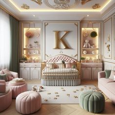 a baby's room decorated in pink and gold