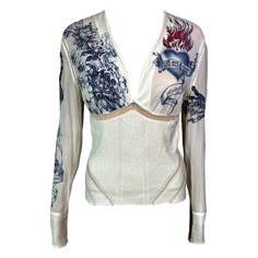 Roberto Cavalli S/S 2003 Tattoo Print Plunging Silk Knit Sheer Panels Blouse Top Size M