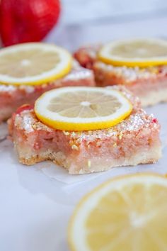 several slices of lemon cake with powdered sugar on top