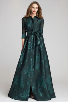 Metallic Jacquard Shirtdress Gown with Floral Print Elegant Belted Midi Dress For Evening, Elegant Long Sleeve Shirt Dress For Formal Occasions, Elegant Belted Cocktail Maxi Dress, Elegant Belted Maxi Dress For Cocktail, Elegant Belted Shirt Dress For Party, Chic Belted Shirt Dress For Evening, Elegant Belted Cocktail Dress, Elegant Long Sleeve Belted Dress For Semi-formal Occasions, Fitted Maxi Length Shirt Dress For Party