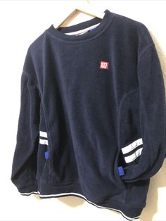 Wilson Men VIntage VTG Tennis Fleece Lined Pullover Sweatshirt Navy Blue XL. Arm p to arm p 21” sleeve length. 22” top to bottom(back) 25” size XL vintage Tennis Sweater Pullover Fleece Navy Striped RARE DESIGN WILSON W LOGO vintage 90s sweatshirt vintage sports apparel College Long Sleeve Fleece Sweater, Long Sleeve Fleece Sweater For College, Blue Long Sleeve College Sweatshirt, Navy Fleece Crew Neck Top, Navy Crew Neck Fleece Top, Navy Fleece Sweatshirt For Sportswear, Navy Casual Sweatshirt With Pockets, Navy Long Sleeve Sweater With Ribbed Cuffs, Navy Crew Neck Hoodie For Winter