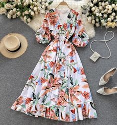 Spring Floral Print Maxi V-neck Dress, White Floral Print V-neck Dress For Spring, Chic White V-neck Dress With Floral Print, Multicolor Floral Print V-neck Dress, White V-neck Floral Dress For Vacation, V-neck Chiffon Maxi Dress With Print, White Maxi Length V-neck Dress For Spring, Printed Chiffon V-neck Maxi Dress, Elegant White V-neck Dress With Floral Print