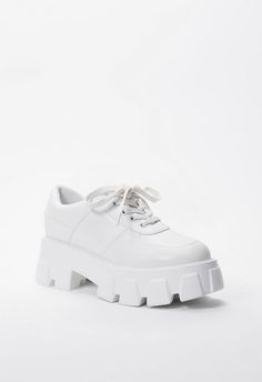 Material: Faux Leather Heel Height: 2.25" Platform Height: 1.5" Closure: Adjustable Laces Imported. Oxford Platform, Oxford Sneakers, Fashion Shoes Flats, Oxford Flats, White Platform, Faux Leather Heels, Sole Sneakers, Shoe Dazzle, Lug Sole