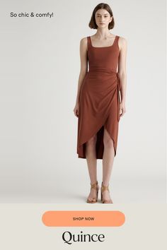 Upgrade your wardrobe with the Tencel Jersey Side Tie Dress, a luxurious and versatile piece that will make you feel confident and elegant for any occasion. Made from premium Tencel fabric, this dress offers a silky smooth texture that drapes beautifully over your curves. Simply pair it with your favorite sandals or heels and accessories for a complete look that's both comfortable and chic.  | Quince | Women's Tencel Jersey Side Tie Midi Dress in Brown, Size Medium Ruched Draped Wrap Dress For Cocktail, Elegant Ruched Draped Wrap Dress, Chic Draped Bodycon Summer Dress, Elegant Sleeveless Dress With Ruched Back, Sleeveless Silk Asymmetrical Dress With Ruched Detail, Asymmetrical Hem Midi Dress For Date Night, Chic Sleeveless Ruched Maxi Dress, Fitted Ruched Maxi Dress In Rayon, Fitted Pre-draped Viscose Dresses