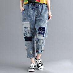 Patchwork Denim Pants 2020 Summer New Elastic Waist Hole Tie Casual Ankle-Length Women Vintage Jeans Pants L0047 Tapered Leg Patchwork Pants For Spring, Spring Tapered Leg Pants With Patchwork, Spring Patchwork Straight Leg Jeans, Spring Patchwork Straight-leg Jeans, Casual Patchwork Tapered Leg Jeans, Casual Tapered Leg Patchwork Jeans, Non-stretch Ankle-length Jeans With Pockets, Non-stretch Denim Blue Cropped Jeans, Summer Denim Patchwork Pants