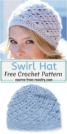 a woman wearing a crochet hat with text overlay that reads, swirl hat free crochet pattern source from ravely com