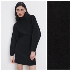 Nwt. Zara Black Knit Mini Dress With Gathered Waist, Long Sleeves High Neckline, Elastic Waistband And A Flared Hem, Back Zipper Closure. Size L. Ref. 6254/004. Pit To Pit 20" Flat, Sleeves From Neckline 28,5", Waist 12,5", Length 36". F Black Sweater Dress For Winter Workwear, Black Sweater Dress For Work In Winter, Black Bodycon Sweater Dress For Spring, Black Sweater Dress For Winter Evenings, Black Sweater Dress For Evening In Winter, Black Winter Evening Sweater Dress, Black Mini Sweater Dress For Work, Chic Black Bodycon Sweater Dress, Black Turtleneck Midi Dress, Fitted