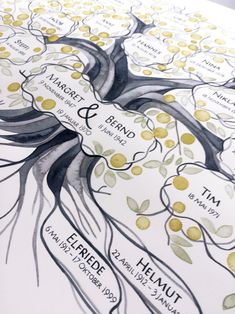 a tree with yellow leaves on it is shown in this wedding program card design, which features the names and date