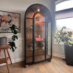 a glass display case in the corner of a room with potted plants and a painting on the wall