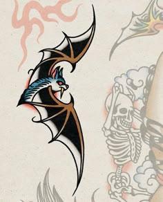 an image of a bat and skull tattoo design on a sheet of paper with watermarking