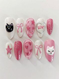 Pink Cat Nails, Cake Nails, Snoopy Nails, Paznokcie Hello Kitty, Cat Nail Art, Kutek Disney, Band Nails, Korean Nail, Cat Nail