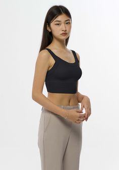 Soft and fitted crop top with scoop neckline. Fitted Crop Top, Black Crop Tops, Cropped Top, Scoop Neckline, Fabric Material, Crop Top, Crop Tops, Fabric, Black