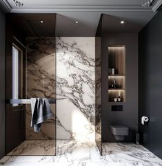 a bathroom with marble walls and flooring next to a toilet in the middle of it