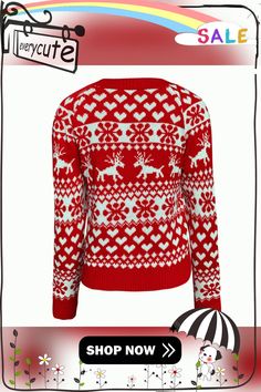 Red Deer Print Knit Christmas Sweater Red Fair Isle Sweater For Winter, Red Knit Sweater For Winter, Red Long Sleeve Christmas Sweater, Red Fair Isle Cardigan For Winter, Red Crew Neck Winter Outerwear, Red Fair Isle Winter Cardigan, Red Fair Isle Pattern Winter Cardigan, Red Crew Neck Outerwear For Winter, Cozy Knitted Christmas Tops