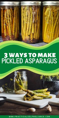 three jars filled with pickled asparagus on top of a wooden table next to garlic