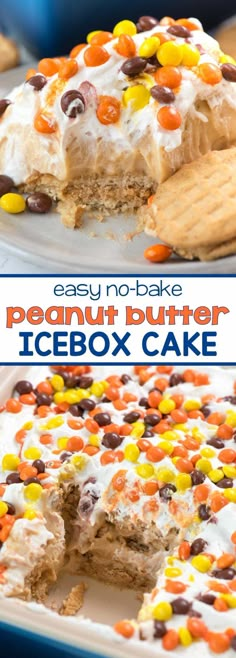 an easy no - bake peanut butter icebox cake with chocolate chips and candy